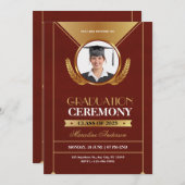 Elegant Red Gold Graduation Ceremony Invite (Voorkant / Achterkant)