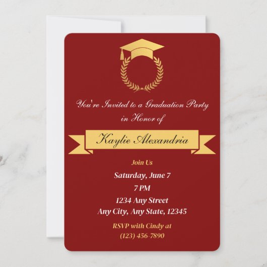 Elégant Red & Gold Graduation Invitation (Devant)