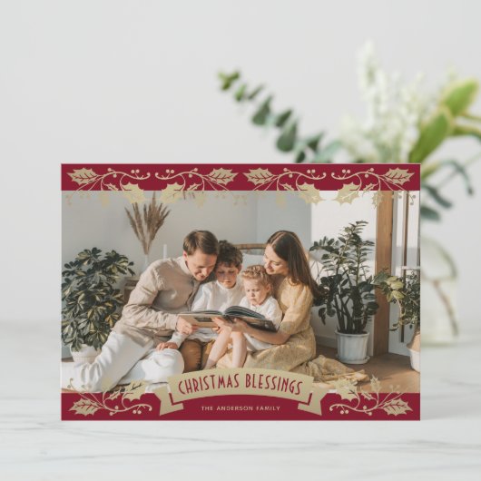 Elegant Red Gold Holly Berries Photo Christian Feestdagenkaart (Staand voorkant)