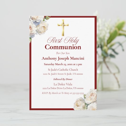 Elégant Red/Gold Holy Communion Invitation (Debout devant)