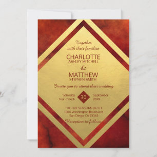 Elegant RED GOLD Marble Wedding Invitations Kaart