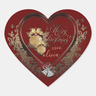 Elegant Red-Gold Modern Victoriaans kerstfeest Hart Sticker