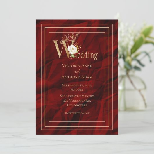 Elegant Red Gold Modern Wedding Uitnodiging (Staand voorkant)