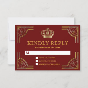 Elégant Red Gold Ornate Crown Wedding RSVP