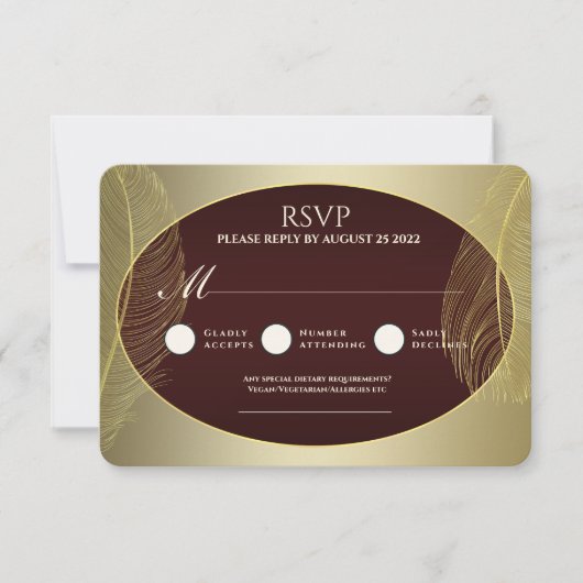 Elegant Red Gold Oval Feather RSVP Card (Devant)