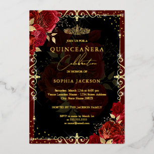 Elegant Red Gold Roos Quinceanera Folie Uitnodiging