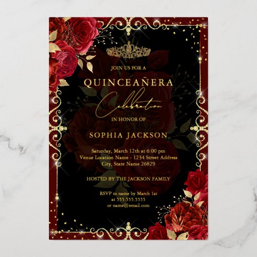 Elegant Red Gold Roos Quinceanera Folie Uitnodiging (Voorkant)