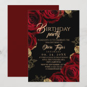 Elegant Red Gold Roses Birthday Party Kaart (Voorkant / Achterkant)