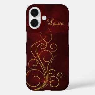 Elegant Red Gold Swirl iPhone 16 Hoesje