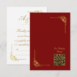 Elegant Red Gold Wedding Event QR Code RSVP Kaartje