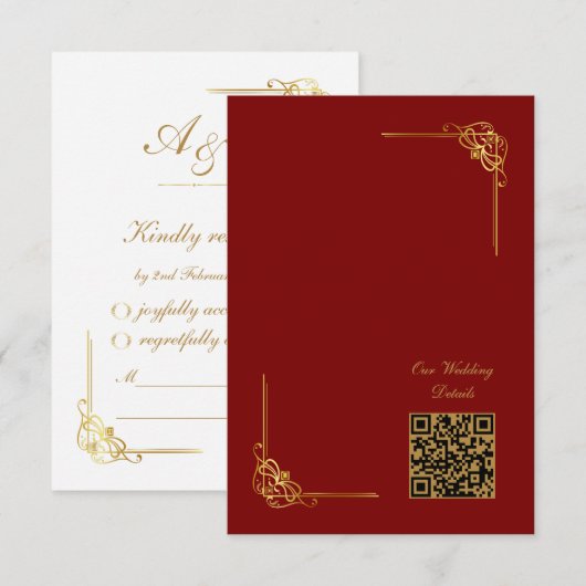 Elegant Red Gold Wedding Event QR Code RSVP Kaartje (Voorkant / Achterkant)