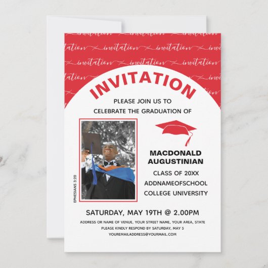 Élégant Red Graduate Photo Invitation (Devant)