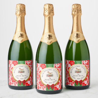Elegant Red, Green, and White Lace & Ribbon Editab Sparkling Wijnetiket