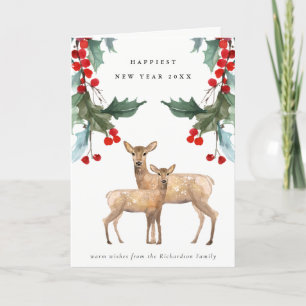 ELEGANT RED GREEN HOLLY BERRY DEER DUO NIEUW JAAR KAART
