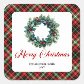 Elegant Red Green Plaid Pine Wreath Holiday Labels (Voorkant)