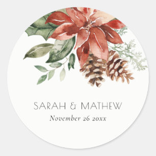 Elegant Red Green Poinsettia Pine Cone Waterverf Ronde Sticker