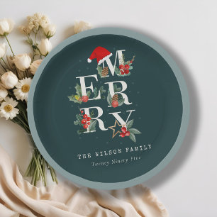 Elegant Red Green White Merry kerstval Papieren Bordje
