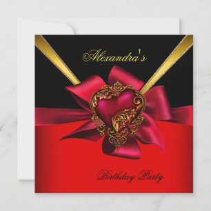 Elegant Red Heart Gold Classy Birthday Party 2 Kaart