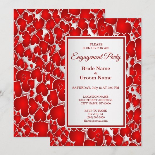 Elegant Red Hearts Verloving Invitation Kaart (Voorkant / Achterkant)