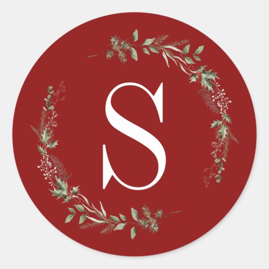 Elegant Red Kerstmis Greenery Monogram Wreate Ronde Sticker (Voorkant)