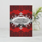 Elegant Red Lace & Bow Black Stropdas Dinner Party Kaart (Staand voorkant)
