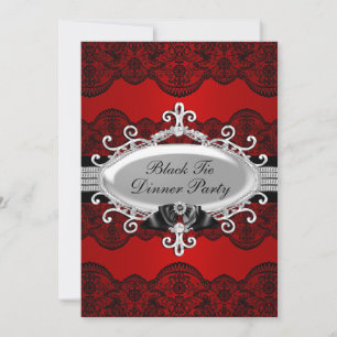 Elegant Red Lace & Bow Black Stropdas Dinner Party Kaart