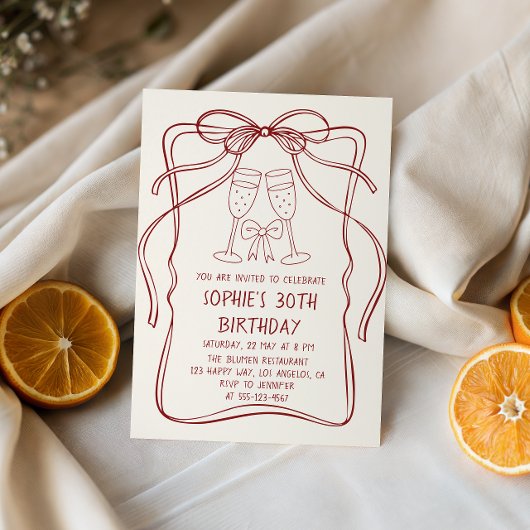Elegant Red Line Art Bow & Champagne 30th Birthday Kaart