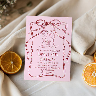 Elegant Red Line Art Bow & Champagne 30th Birthday Kaart
