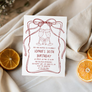 Elegant Red Line Art Bow & Champagne 30th Birthday Kaart