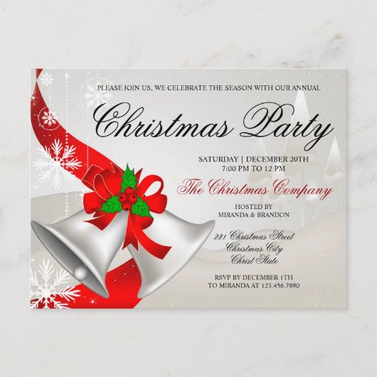 Elegant Red Loop Silver Bells kerstfeest Uitnodiging Briefkaart (Voorkant)