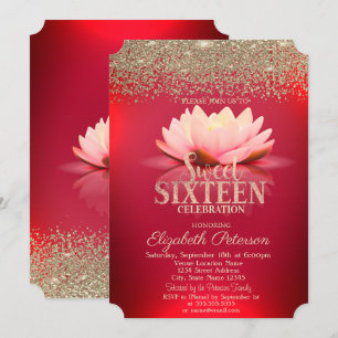 Elegant Red Lotus Gold Confetti Diamond Sweet 16 Kaart