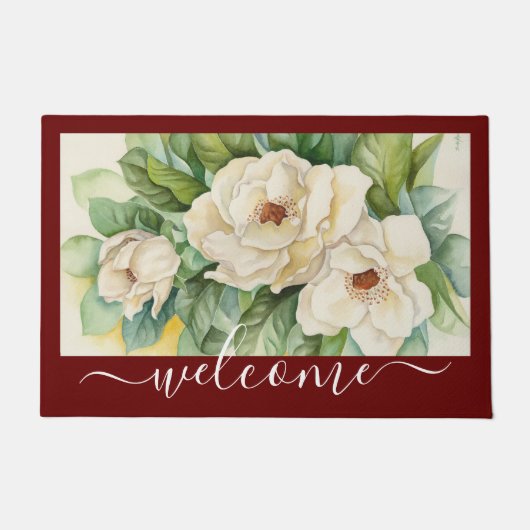 Elegant Red Magnolia Floral Welcome Script Deurmat (Voorkant)