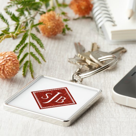 Elegant Red Marble Diamond Monogram Sleutelhanger (Zijkant)