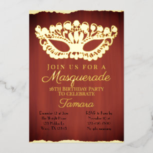 Elegant Red Masquerade zestiende verjaardag Folie Uitnodiging