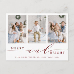 Elegant Red Merry & Bright 3 Foto Holiday Briefkaart