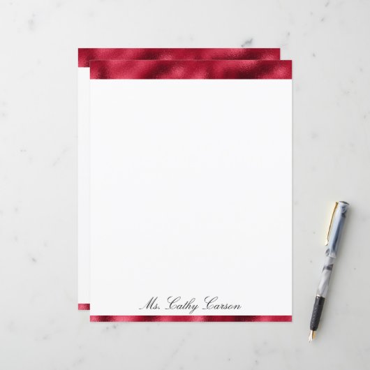Elegant Red Metallic Satin Name Shiny Briefpapier (Voorkant / Achterkant in situ)