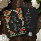 Elegant Red Peony Art Nouveau QR Code Wedding Kaart