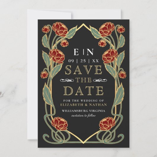 Elegant Red Peony Art Nouveau Wedding Photo Save The Date (Voorkant)