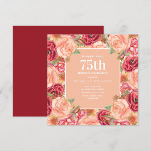 Elegant Red Pink Floral 75th Birthday Party Women Kaart
