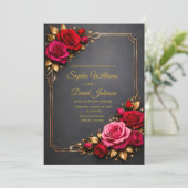 Elegant Red & Pink Roses Wedding Invitation Back (Debout devant)