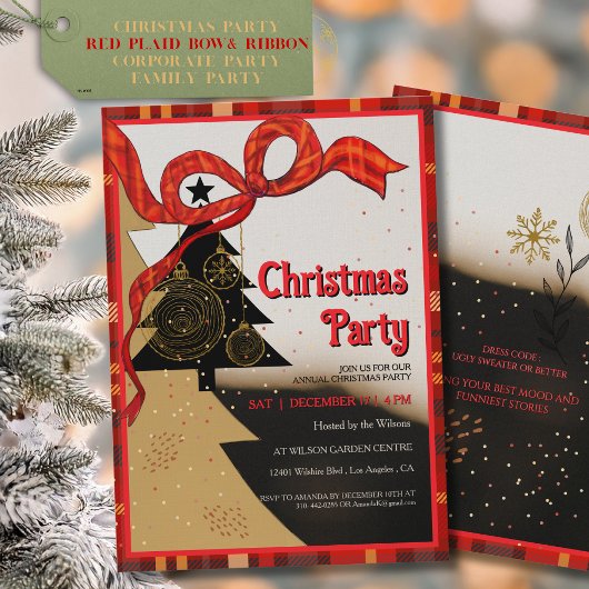 Elegant Red Plaid Ribbon Christmas Party Kaart