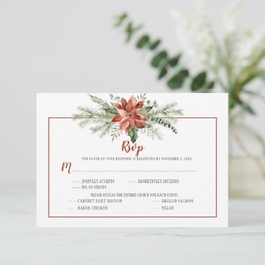 Elegant Red Poinsettia Evergreen Kerstmis RSVP (Staand voorkant)