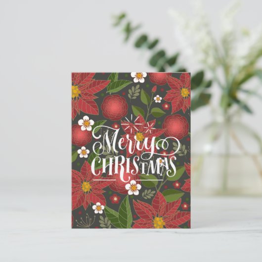 Elegant Red Poinsettia Floral modern script Feestdagenkaart (Staand voorkant)