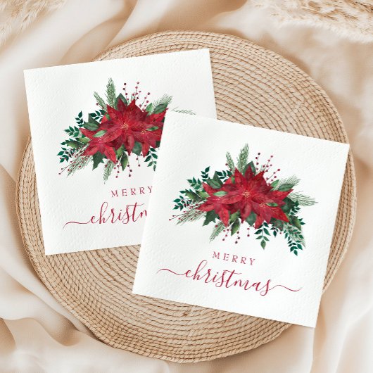 Elegant Red Poinsettia Floral Script Servet