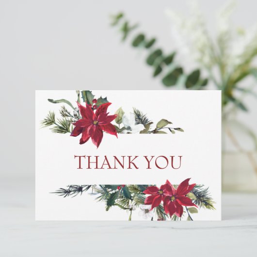 Elegant Red Poinsettia Pine Fir Waterverf Bedankkaart (Staand voorkant)