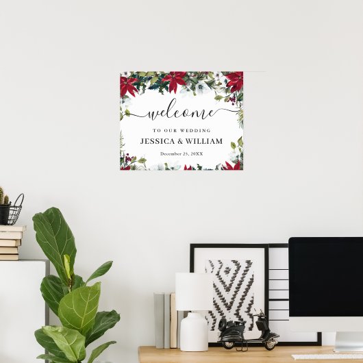Elegant Red Poinsettia Pine Fur Weddenschap Welkom Poster (Thuiskantoor)