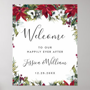 Elegant Red Poinsettia Pine Fur Weddenschap Welkom Poster
