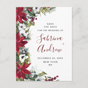 Elegant Red Poinsettia Pine Wedding Save the Date Briefkaart