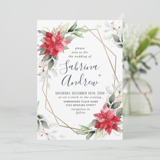 Elegant Red Poinsettia Winter Greenery Wedding Kaart (Staand voorkant)
