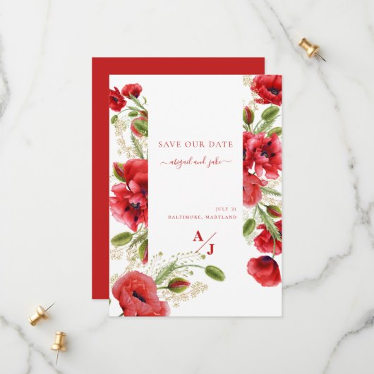 Elegant Red Poppy Floral Save The Date (Voorkant / Achterkant in situ)